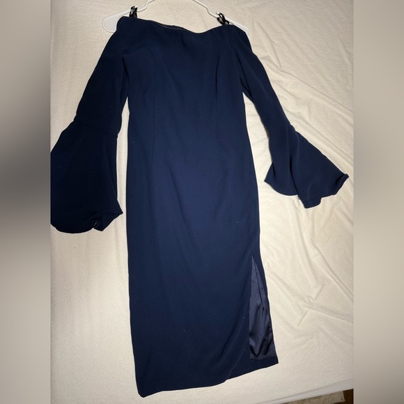 Navy midi dress off the shoulder with bell sleeve and slit - Picture 4 of 8